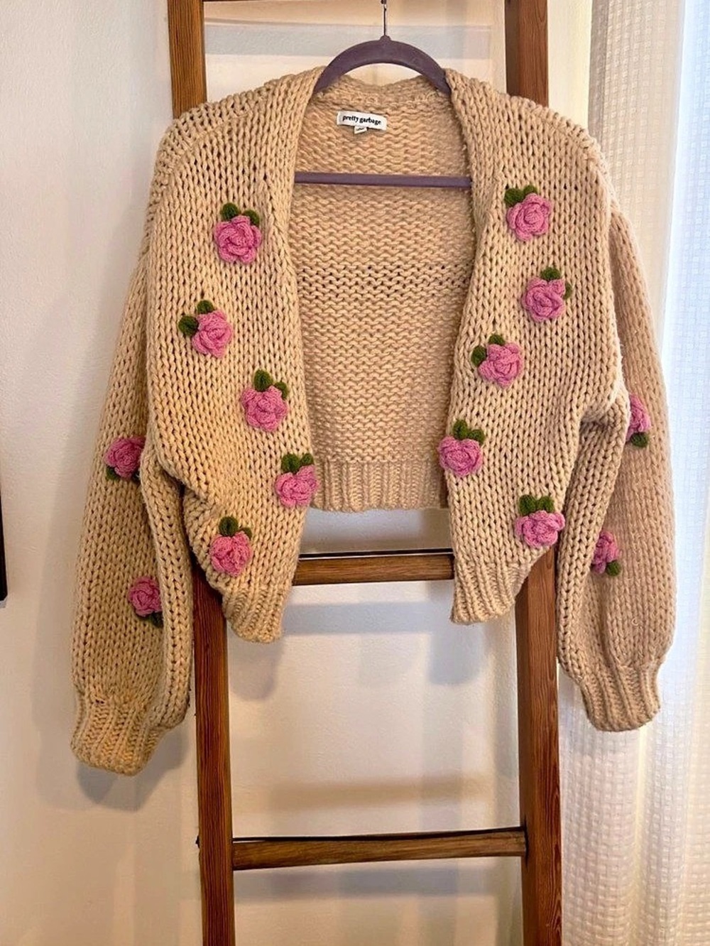 Pretty Garbage Rose Cardigan Floral Knit Beige & Pink Medium